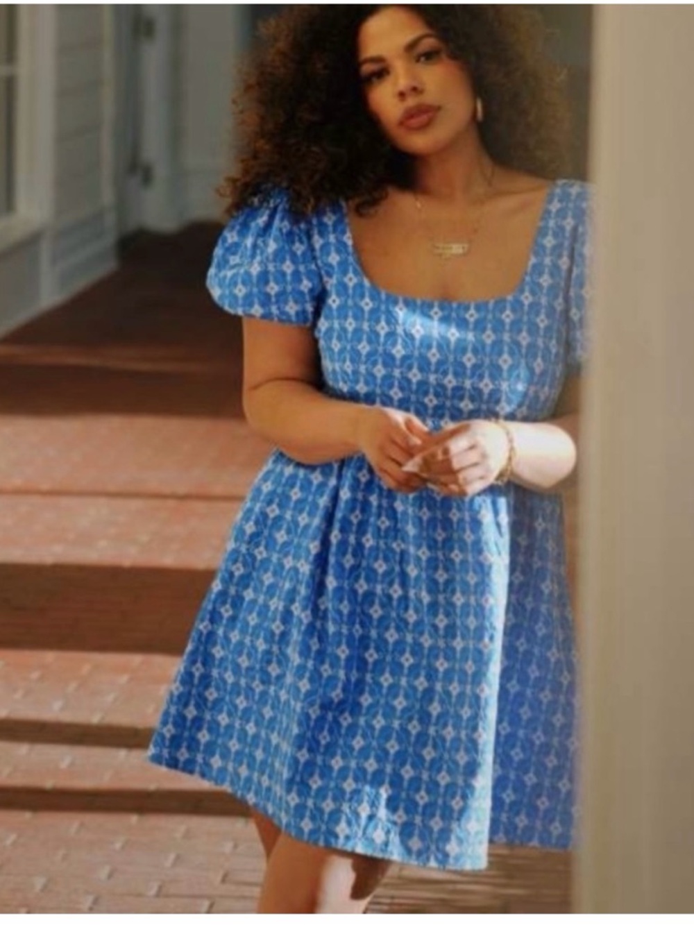 RHODE Blue Printed Square-Neck Puff Sleeve Mini Dress with pockets